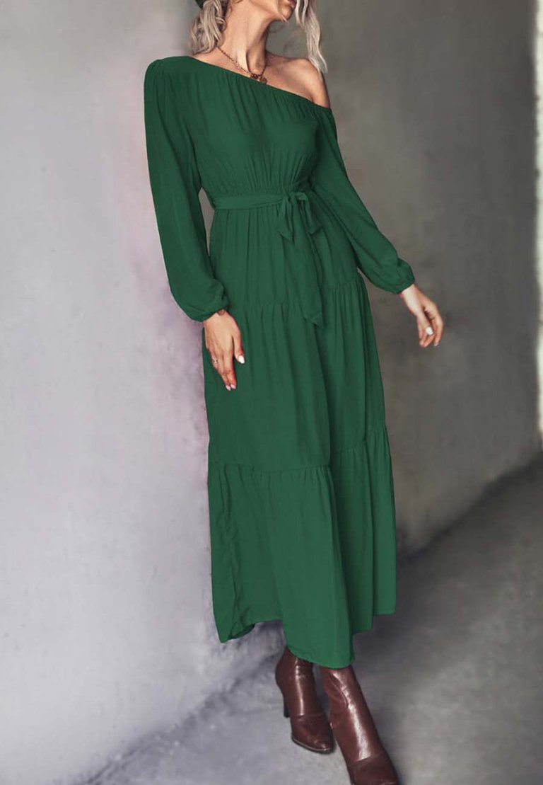 One Shoulder Tiered Maxi Dress - Green