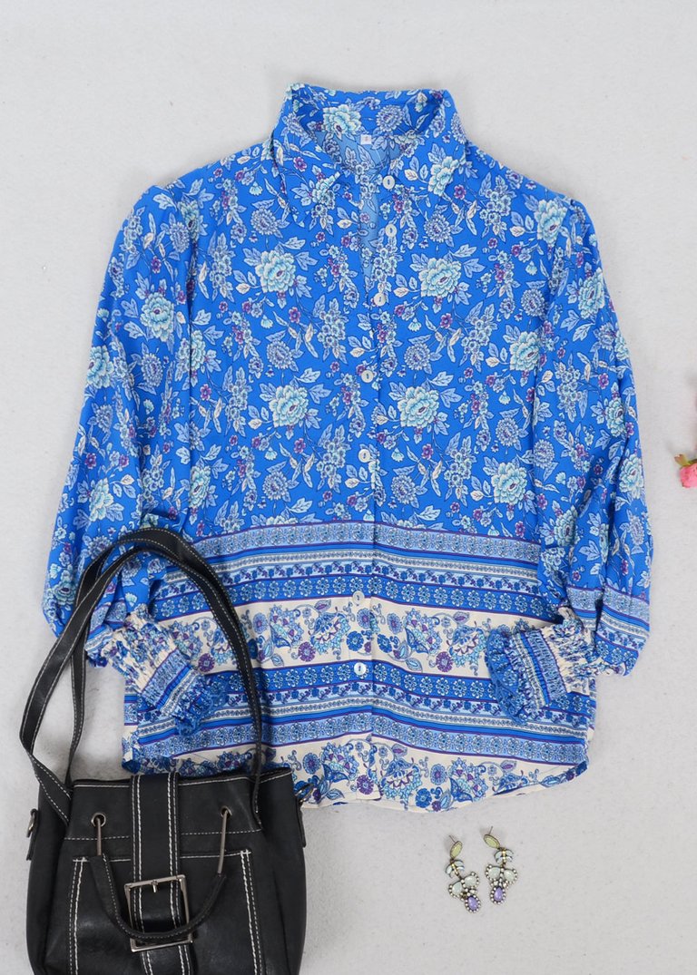 Oriental Floral Collared Shirt - Blue