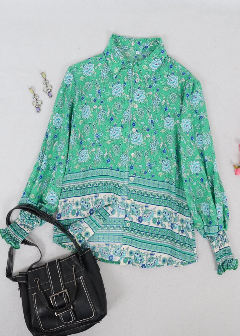 Oriental Floral Collared Shirt - Green