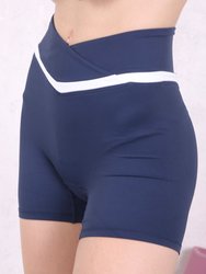 Overlap Waist Contrast Stripe Shorts - Navy