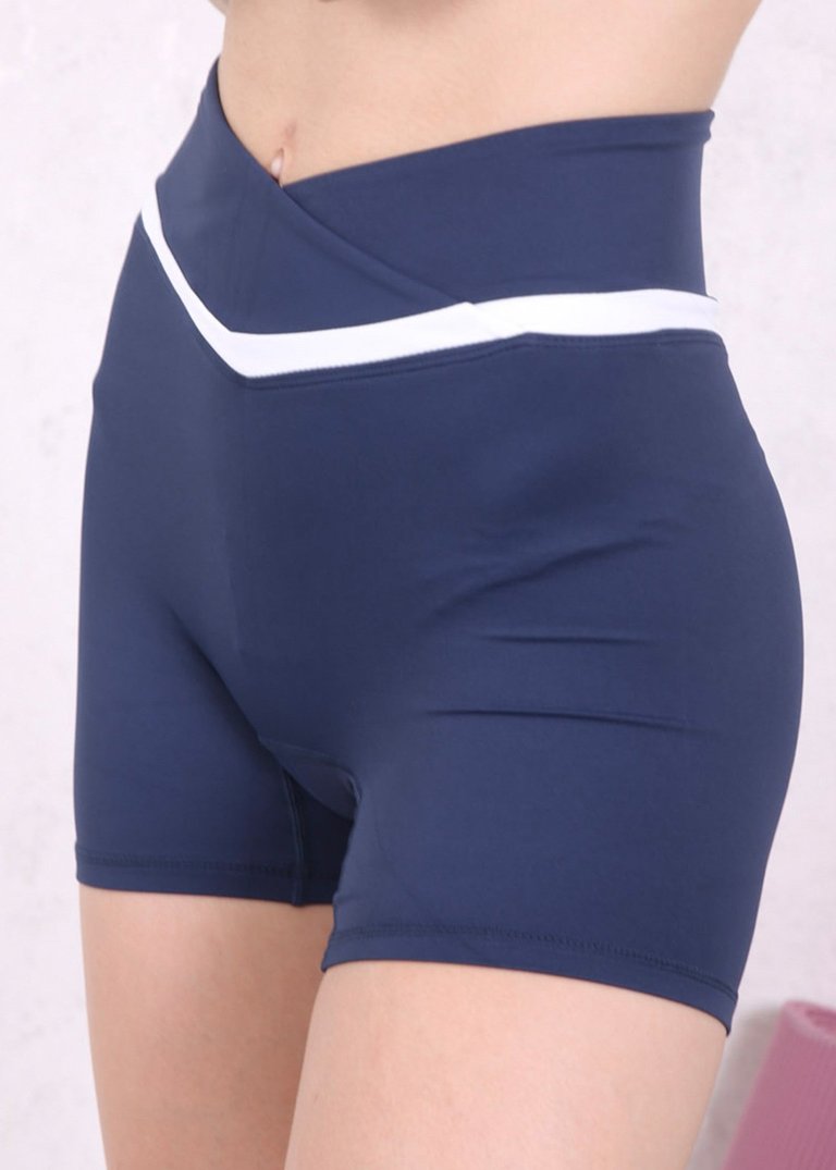 Overlap Waist Contrast Stripe Shorts - Navy