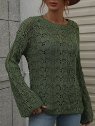 Patterned Knit Bell Sleeve Sweater - Olive Green