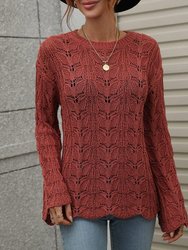 Patterned Knit Bell Sleeve Sweater - Burnt Red