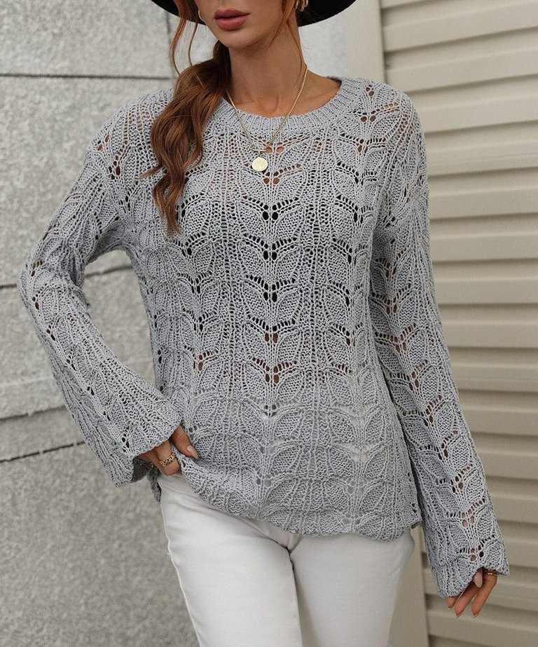 Patterned Knit Bell Sleeve Sweater - Gray