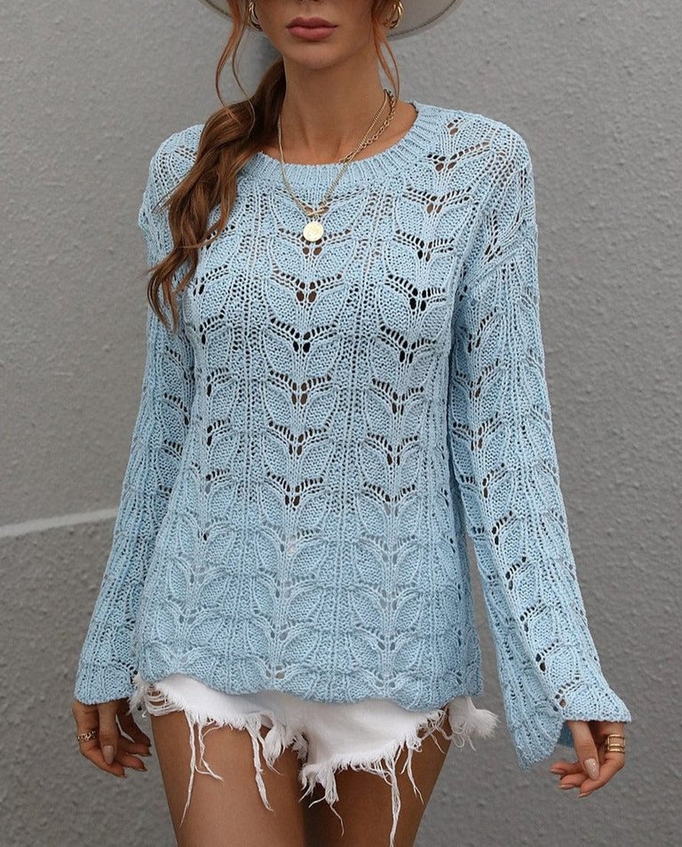 Patterned Knit Bell Sleeve Sweater - Blue