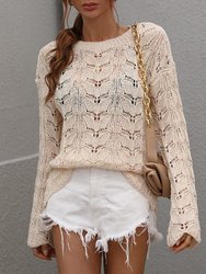 Patterned Knit Bell Sleeve Sweater - Beige