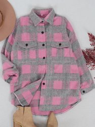 Plaid Pattern Curved Hem Shacket - Gray