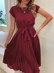 Pleated Detailed Belted Dress - Burgundy