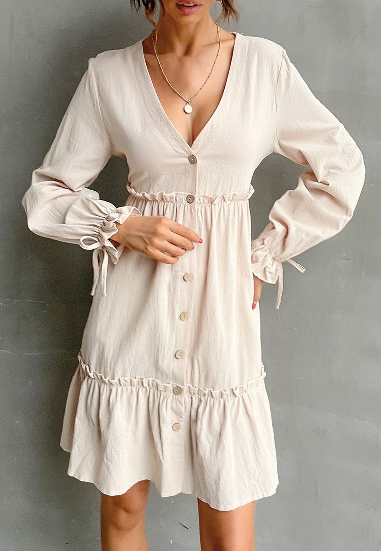 Plunge Neck Smock Dress - Beige