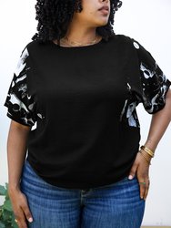 Plus Size Abstract Contrast Sleeves Solid Blouse - Black