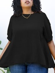 Plus Size Abstract Crochet Pattern Short Sleeve Blouse - Black