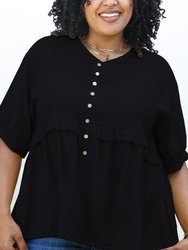 Plus Size Button-Up Front Ruffle Solid Color Blouse - Black