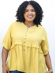 Plus Size Button-Up Front Ruffle Solid Color Blouse