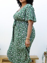 Plus Size Green Maxi Dress with Light Pink Floral Print