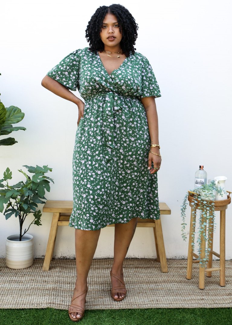 Plus Size Green Maxi Dress with Light Pink Floral Print - Green