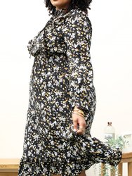 Plus Size High Neck Ruffle Cuffs Floral Print Black Midi Dress