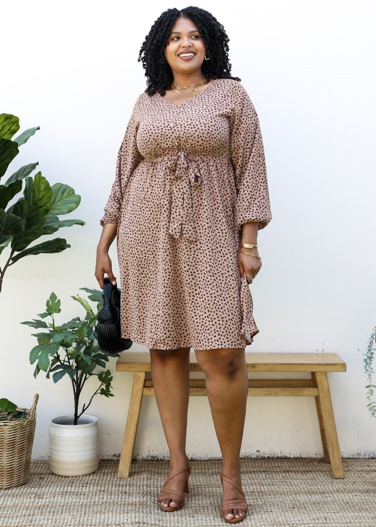 Plus Size Leopard Print Midi Dress With Faux Button Front - Brown