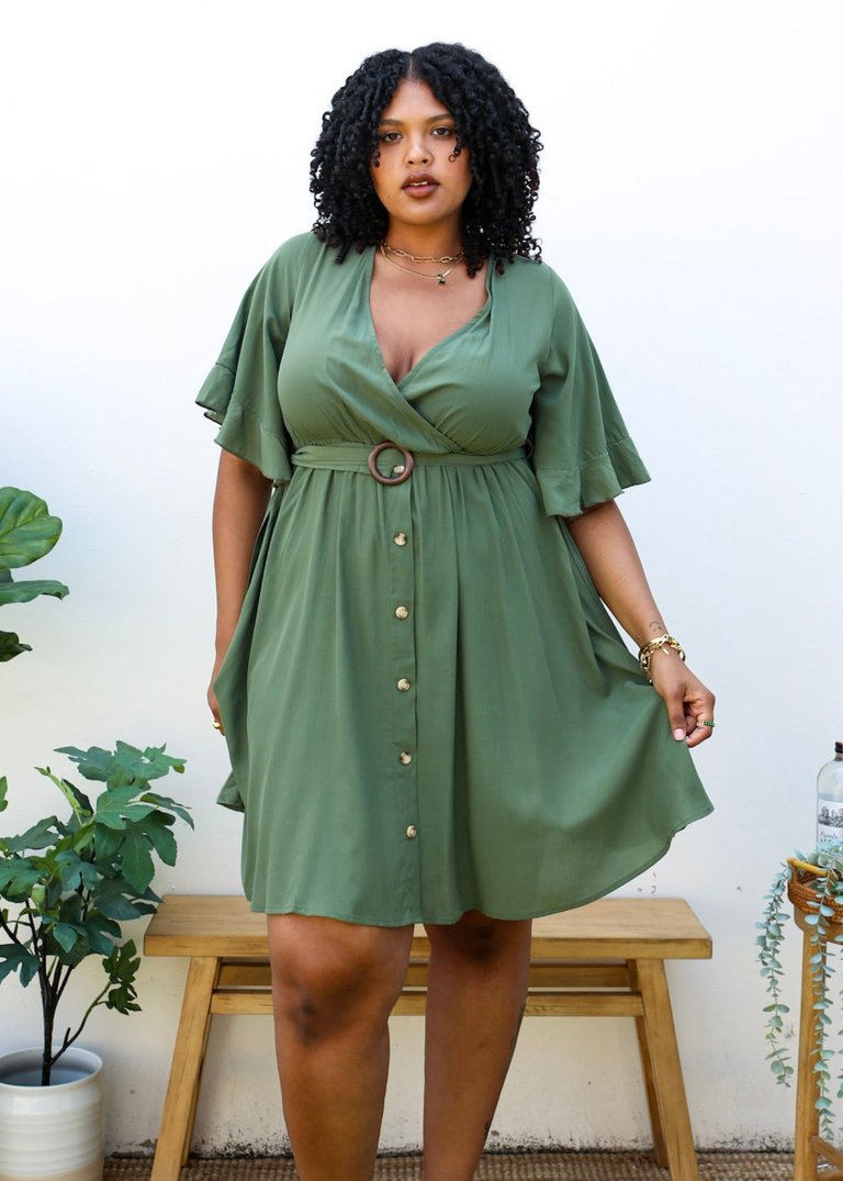 Plus Size O-Ring Tied Belt Waist Butterfly Flare Sleeve Midi Dress