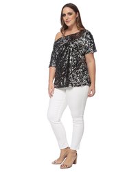 Plus Size One Shoulder Sequin Top - Black And Silver