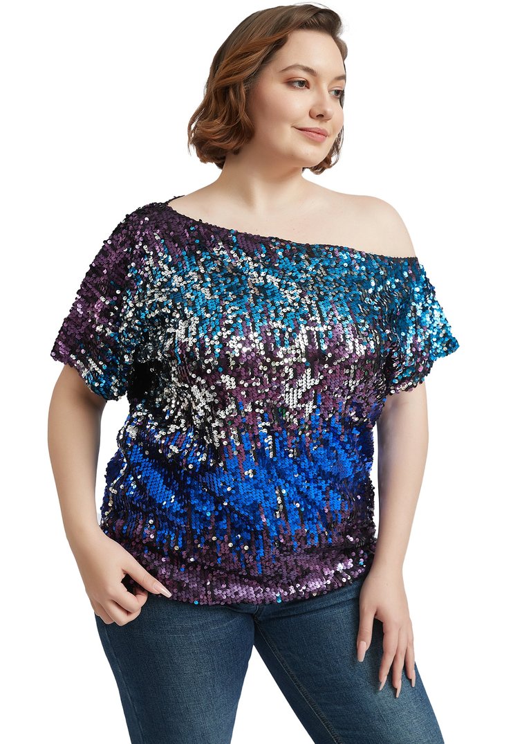 Plus Size One Shoulder Sequin Top - Midnight