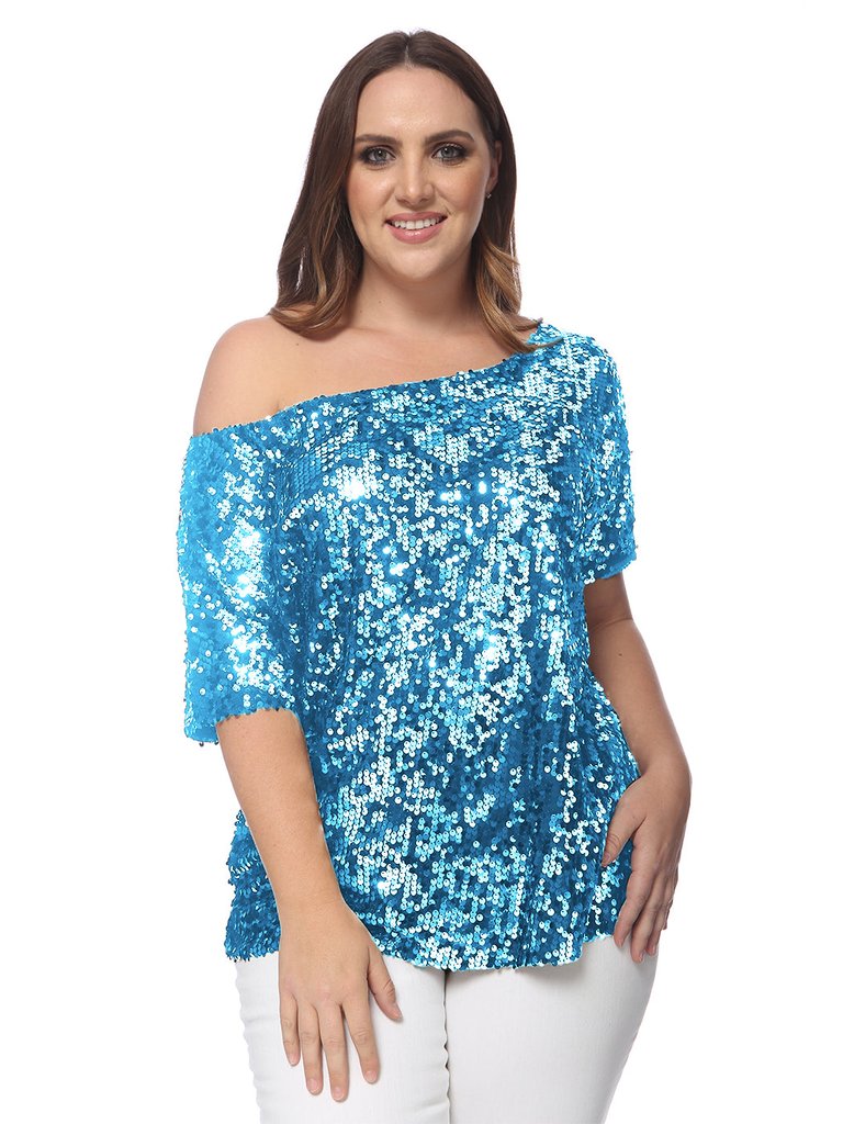 Plus Size One Shoulder Sequin Top - Blue