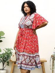 Plus Size Paisley Floral Boho Print Tie Waist Midi Dress