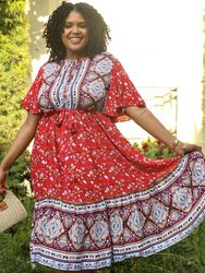 Plus Size Paisley Floral Boho Print Tie Waist Midi Dress