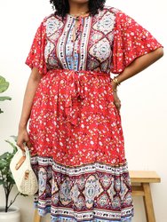 Plus Size Paisley Floral Boho Print Tie Waist Midi Dress