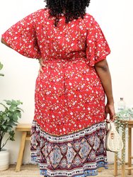 Plus Size Paisley Floral Boho Print Tie Waist Midi Dress