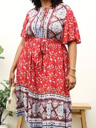 Plus Size Paisley Floral Boho Print Tie Waist Midi Dress