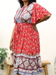 Plus Size Paisley Floral Boho Print Tie Waist Midi Dress