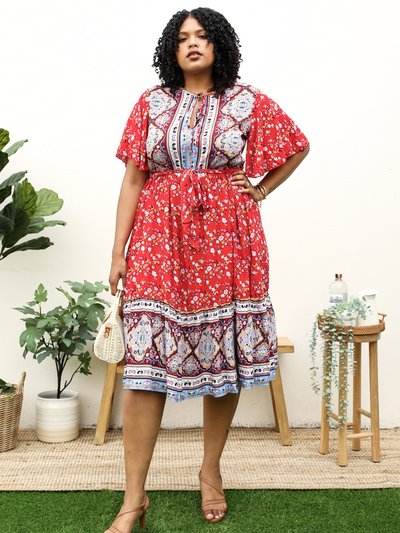 Anna-Kaci Plus Size Paisley Floral Boho Print Tie Waist Midi Dress product