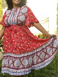Plus Size Paisley Floral Boho Print Tie Waist Midi Dress