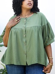 Plus Size Round Neck Ruffle 3/4 Sleeve Button Up Blouse