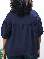 Plus Size Round Neck Ruffle 3/4 Sleeve Button Up Blouse