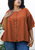 Plus Size Round Neck Ruffle 3/4 Sleeve Button Up Blouse - Brown