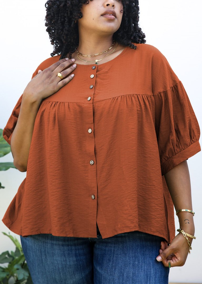 Plus Size Round Neck Ruffle 3/4 Sleeve Button Up Blouse - Brown