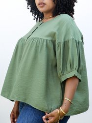Plus Size Round Neck Ruffle 3/4 Sleeve Button Up Blouse