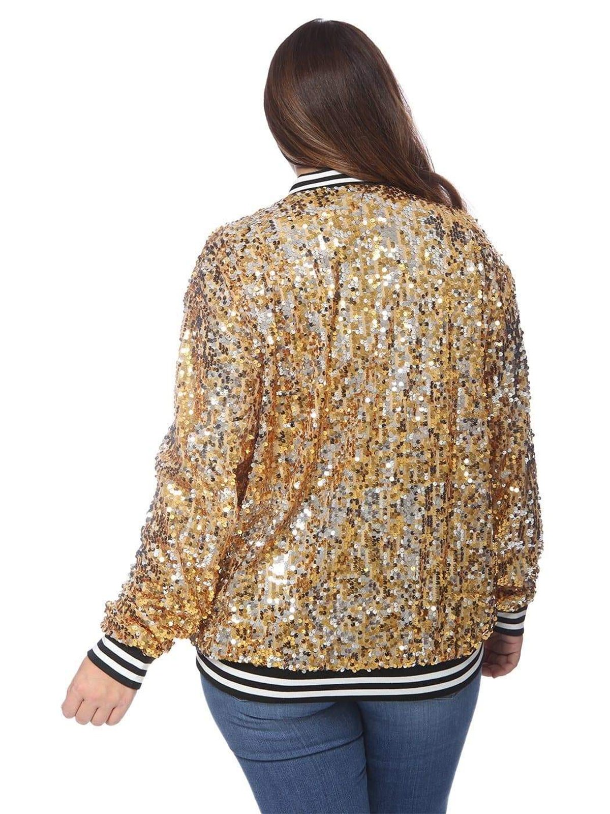 Anna-Kaci Plus Size Sequin Bomber Jacket - Black - XXL