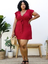 Plus Size Solid Color Swing Dress With Ruffle Sleeves - Red
