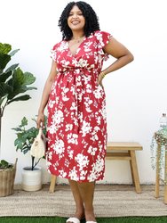 Plus Size Tropical Floral Print Maxi Wrap Dress With Ruffle Sleeves - Red