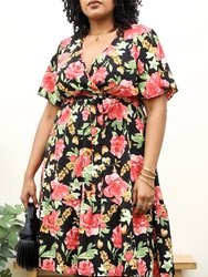 Plus Size Tropical Floral Print Midi Dress with Tied Belt Waist