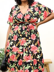 Plus Size Tropical Floral Print Midi Dress with Tied Belt Waist