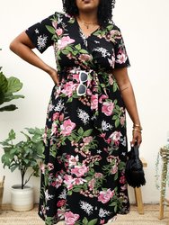 Plus Size Tropical Floral Tie Waist Flowy Maxi Dress