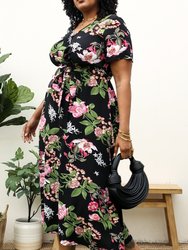 Plus Size Tropical Floral Tie Waist Flowy Maxi Dress