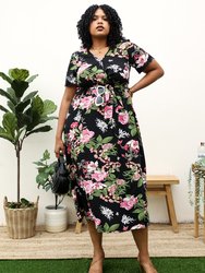 Plus Size Tropical Floral Tie Waist Flowy Maxi Dress - Black
