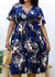 Plus Size V Neck Floral Print Flowy Navy Maxi Dress