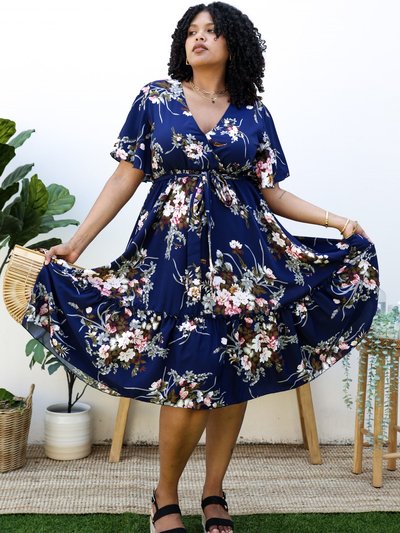 Anna-Kaci Plus Size V Neck Floral Print Flowy Navy Maxi Dress product