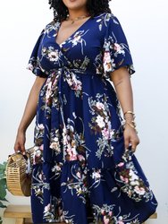 Plus Size V Neck Floral Print Flowy Navy Maxi Dress