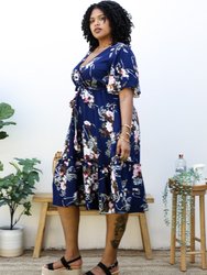 Plus Size V Neck Floral Print Flowy Navy Maxi Dress